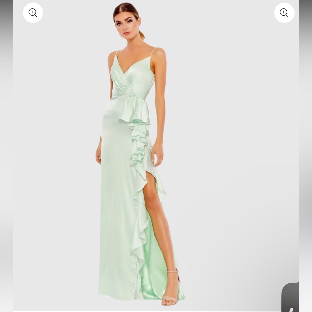Light green satin ruffled asymmetrical gown